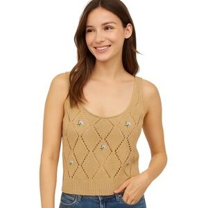 Nikka K Sleeveless Sweater Top XL Tan Blue Floral Diamond Openwork Boho Chic NEW